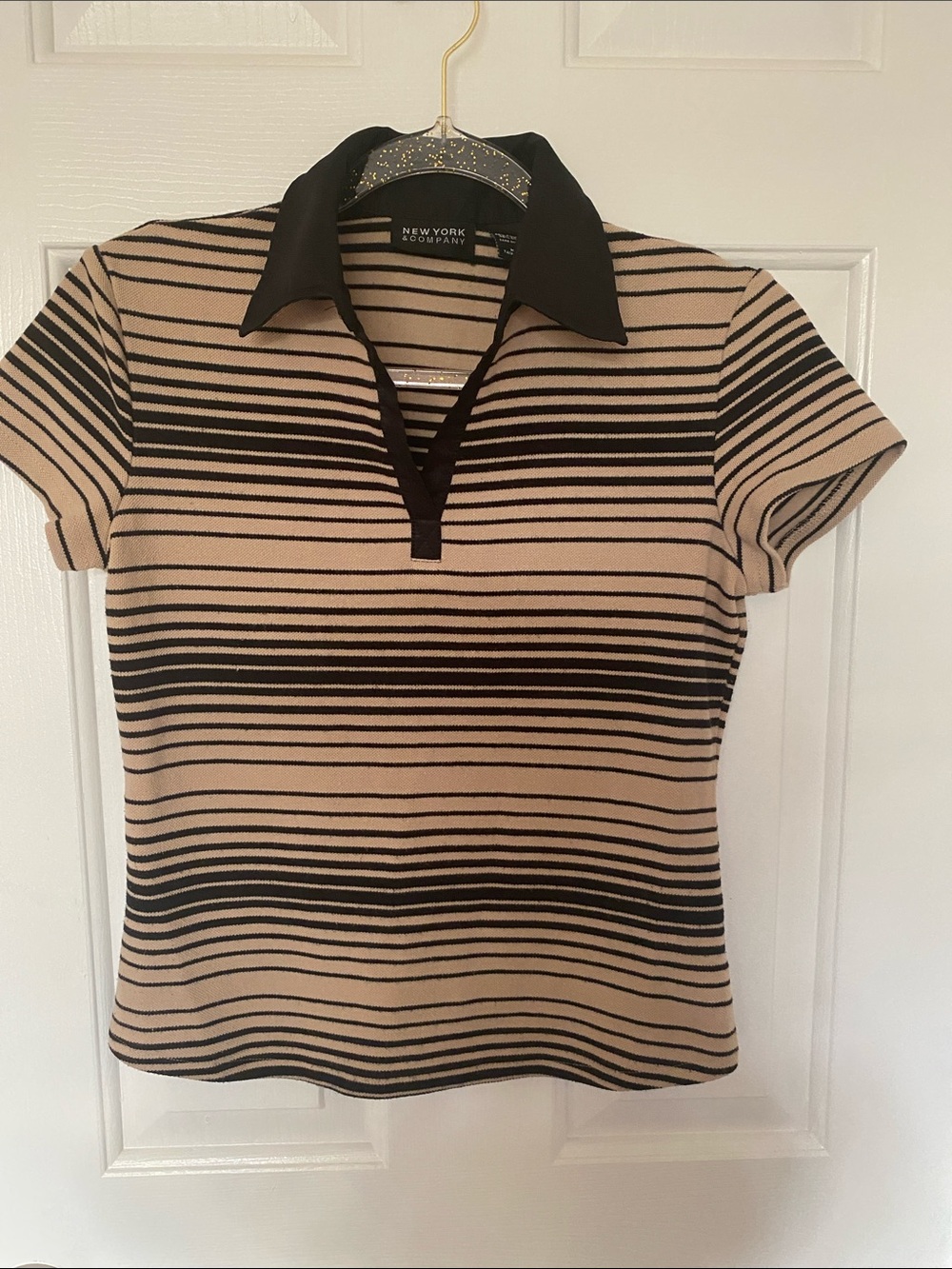 New York & Company Beige and Black Striped Collared Knit Top